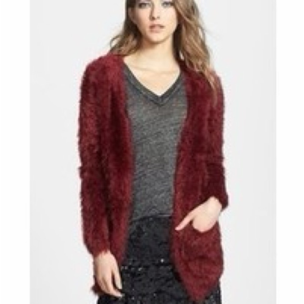 Glamorous Burgundy Faux Fur Eyelash Cardigan Sweater